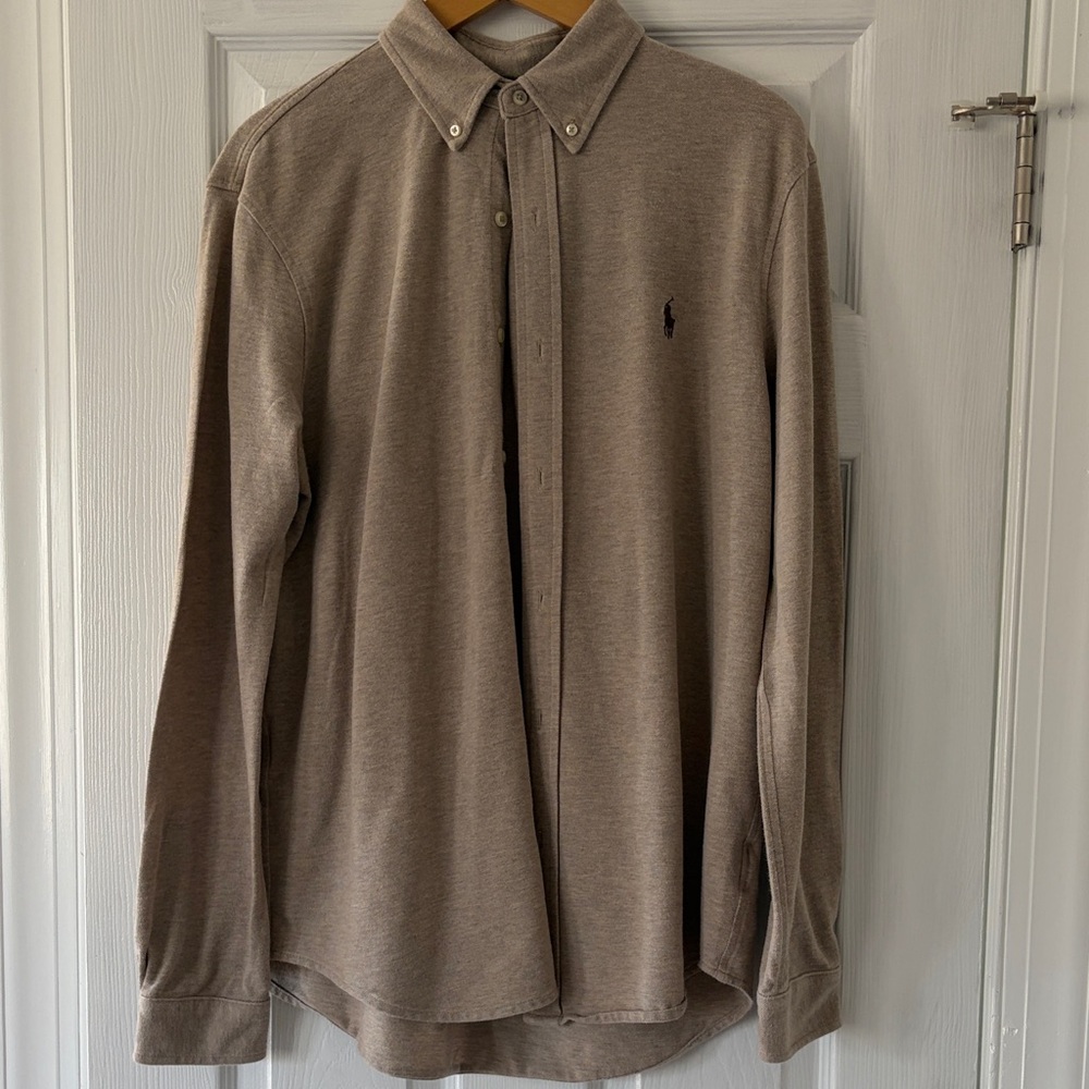 Polo by Ralph Lauren Taupe Featherweight Mesh Long-Sleeve Button-Down Shirt